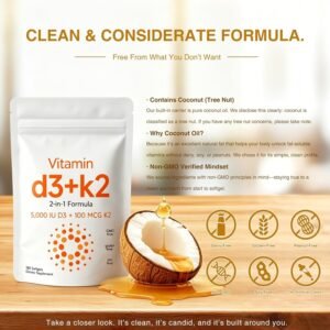 vitamin d3 + k2 2 in 1 softgels – 5,000 iu d3 + 100 mcg k2, 180 capsules | non gmo, gluten free, soy free