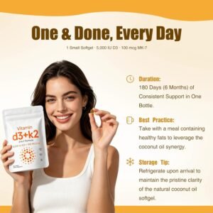 vitamin d3 + k2 2 in 1 softgels – 5,000 iu d3 + 100 mcg k2, 180 capsules | non gmo, gluten free, soy free