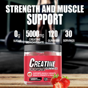 creatine monohydrate gummies – strawberry flavor, boost muscle growth, strength & endurance – 120 vegan gummies