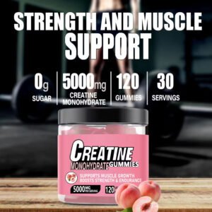 creatine monohydrate gummies – peach flavor, boost muscle growth, strength & endurance – 120 vegan gummies