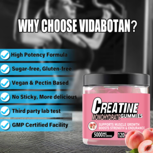 creatine monohydrate gummies – peach flavor, boost muscle growth, strength & endurance – 120 vegan gummies