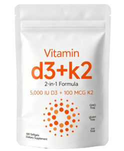 vitamin d3 + k2 2 in 1 softgels – 5,000 iu d3 + 100 mcg k2, 180 capsules | non gmo, gluten free, soy free
