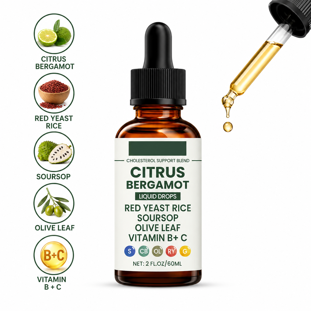 HonsonGlobal Wholesale Price OEM/Private Label Citrus Bergamot Red Yeast Rice Soursop Olive Leaf Herbal Liquid Drops Natural