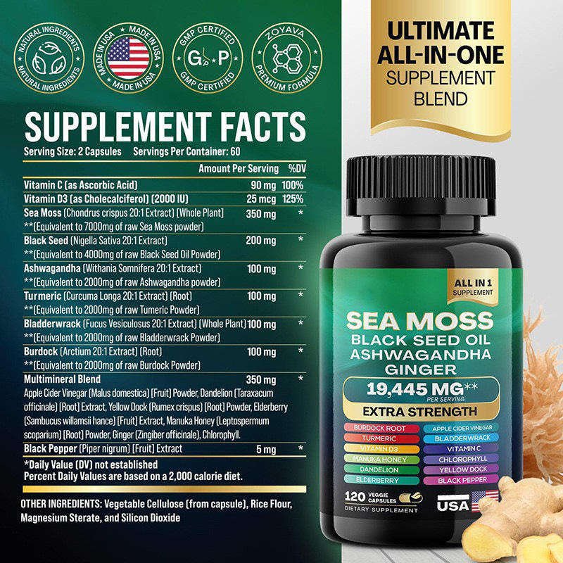 HonsonGlobal Wholesale Price OEM/Private Label Wholesale Sea Moss Capsule Energy Support Supplements 12 in 1 Ginseng Ashwagan
