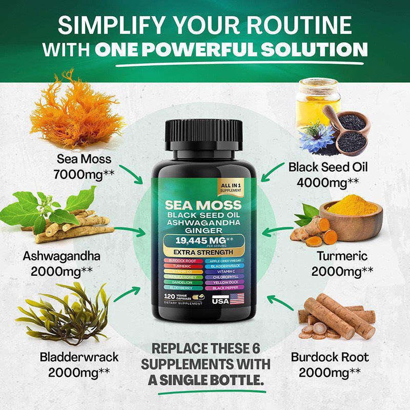 HonsonGlobal Wholesale Price OEM/Private Label Wholesale Sea Moss Capsule Energy Support Supplements 12 in 1 Ginseng Ashwagan