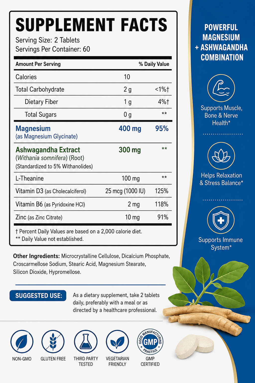 Magnesium Ashwagandha Complex Tablets, Muscle Bone Nerve & Stress Balance Health Supplement