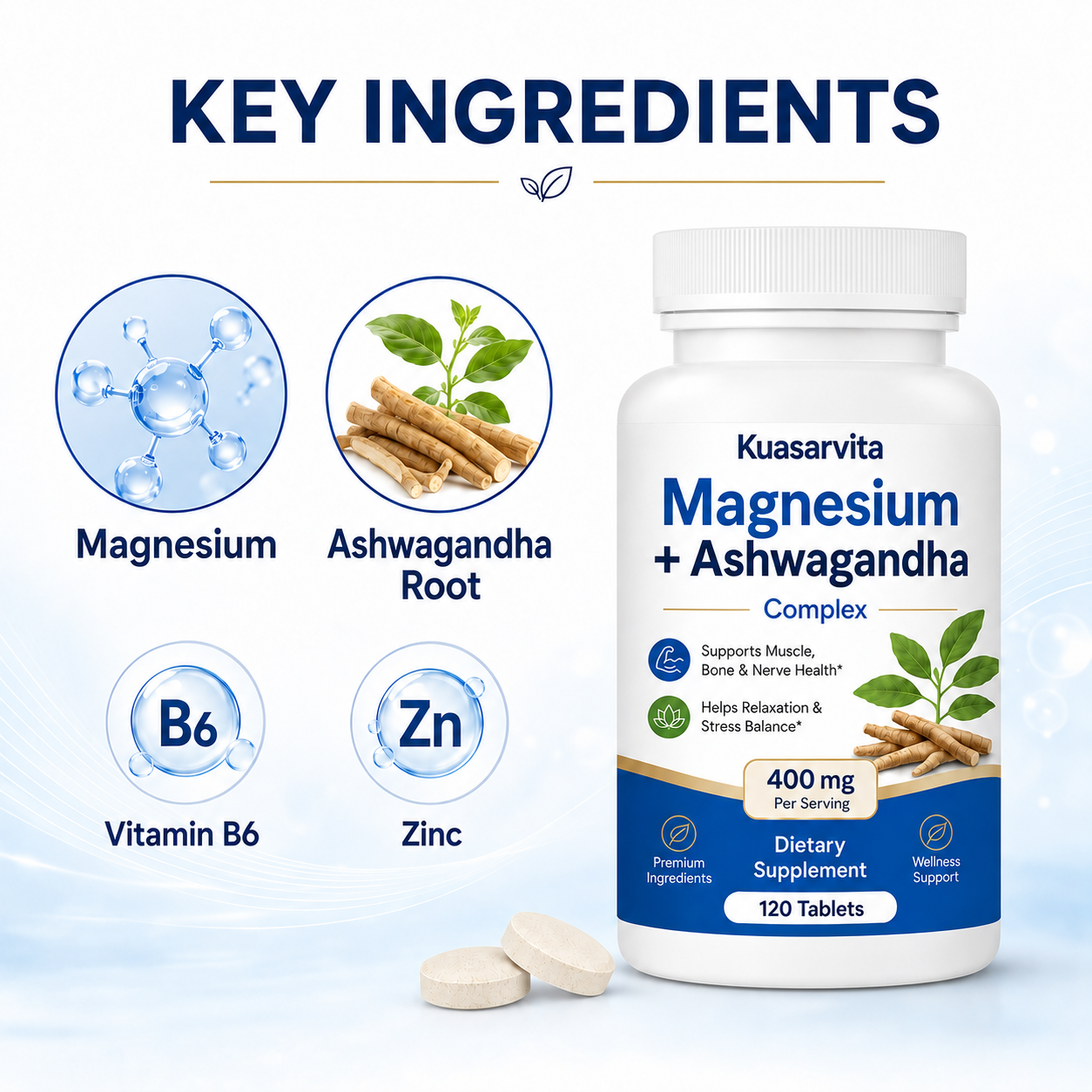 Magnesium Ashwagandha Complex Tablets, Muscle Bone Nerve & Stress Balance Health Supplement