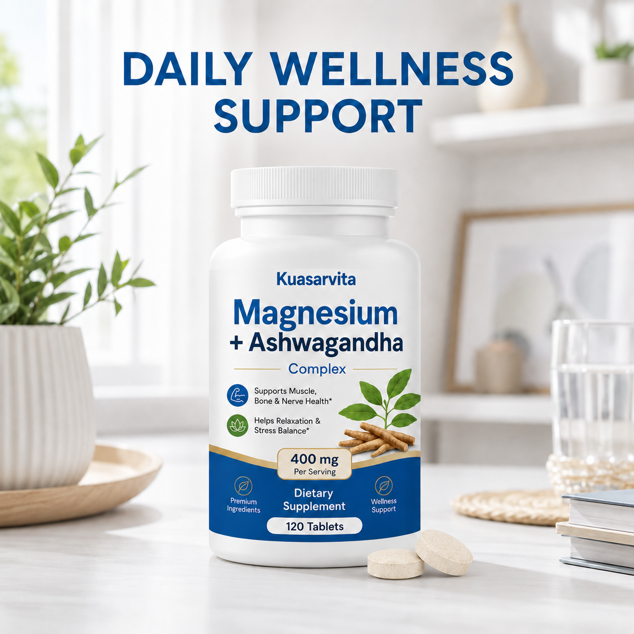 Magnesium Ashwagandha Complex Tablets, Muscle Bone Nerve & Stress Balance Health Supplement