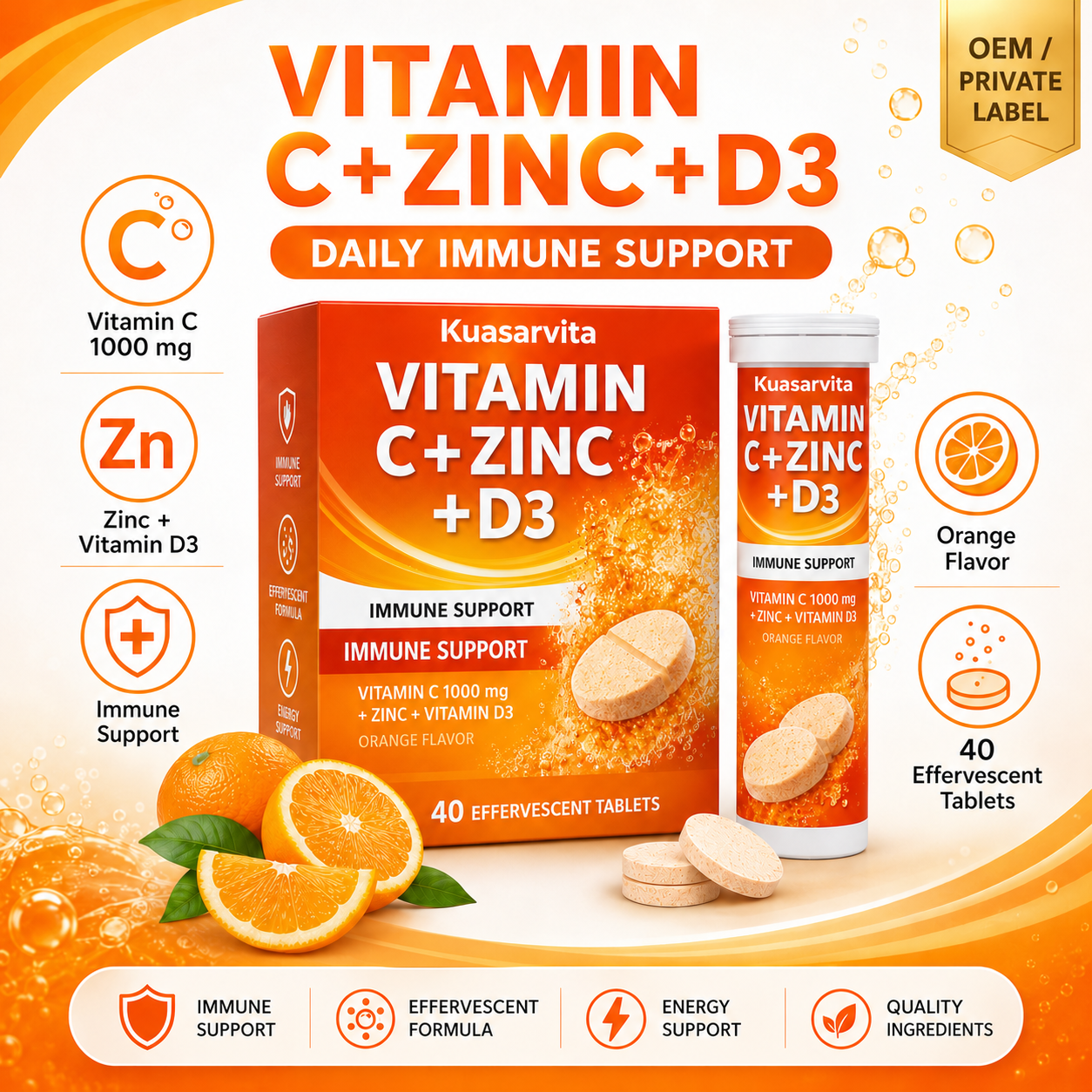 Vitamin C Zinc D3 Effervescent Tablets – Orange Flavor, 40 Count