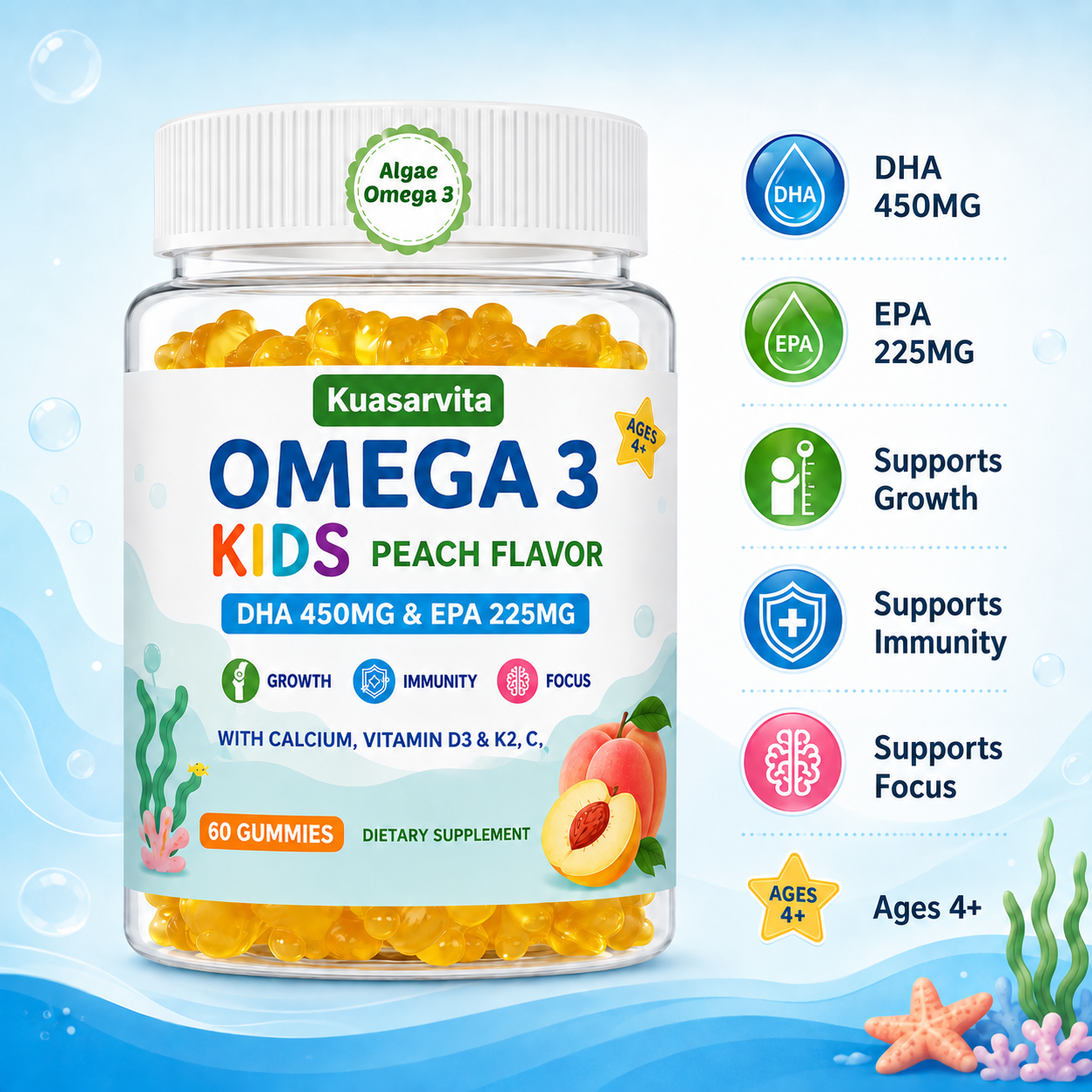 Kids Algae Omega 3 Gummies‑DHA 450mg EPA 225mg per serving