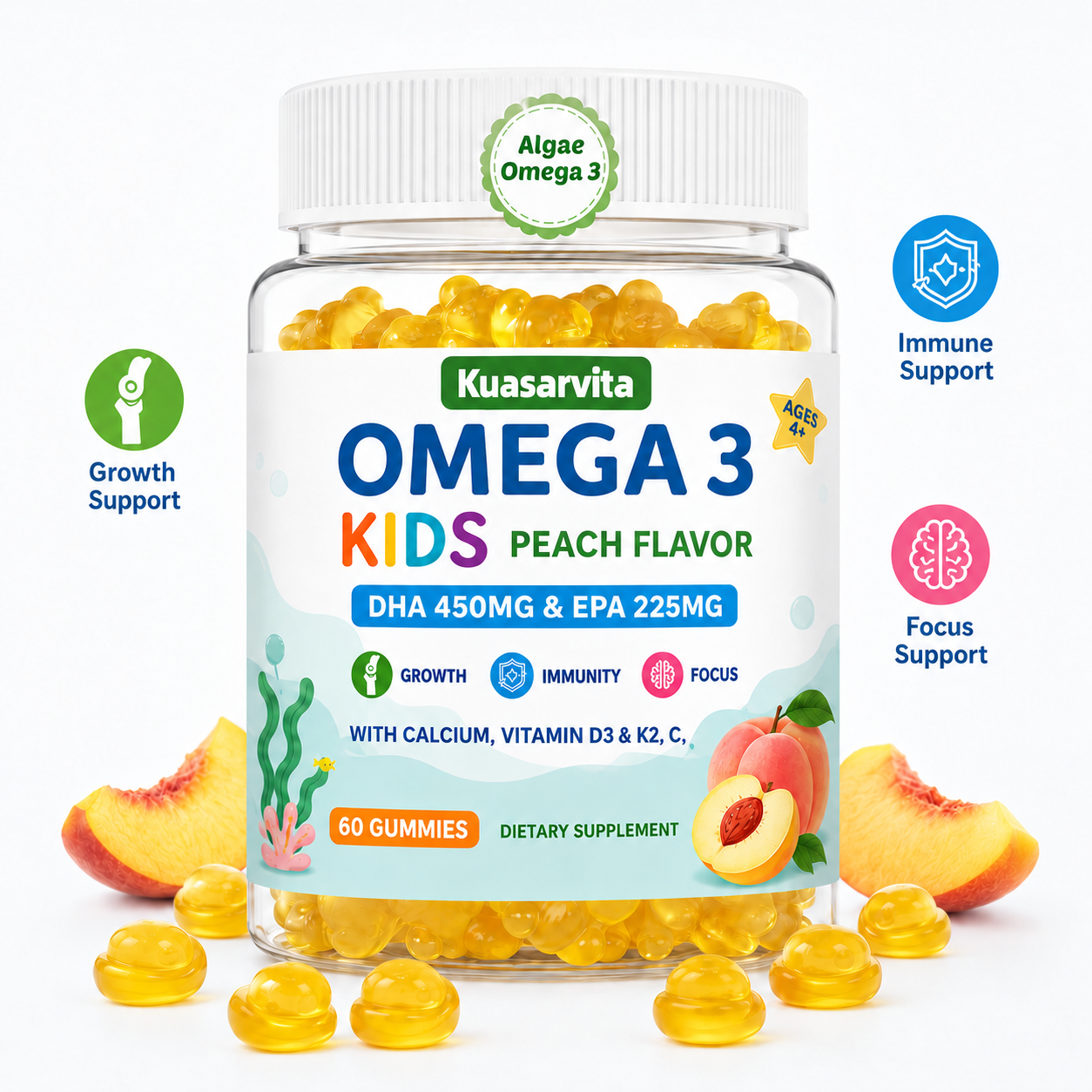 Kids Algae Omega 3 Gummies‑DHA 450mg EPA 225mg per serving