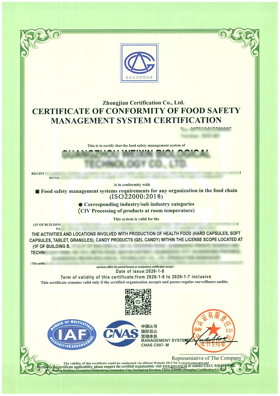 ISO 22000 Certified Supplement Manufacturing