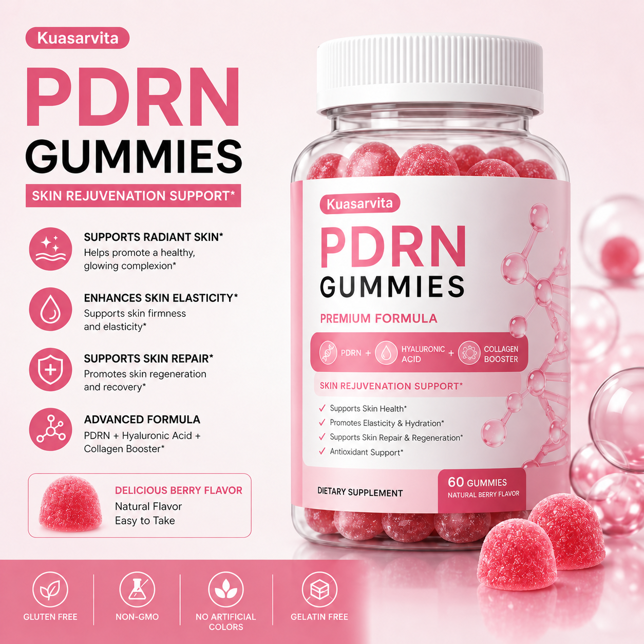 PDRN Gummies with Hyaluronic Acid – Berry Flavor, 60 Count
