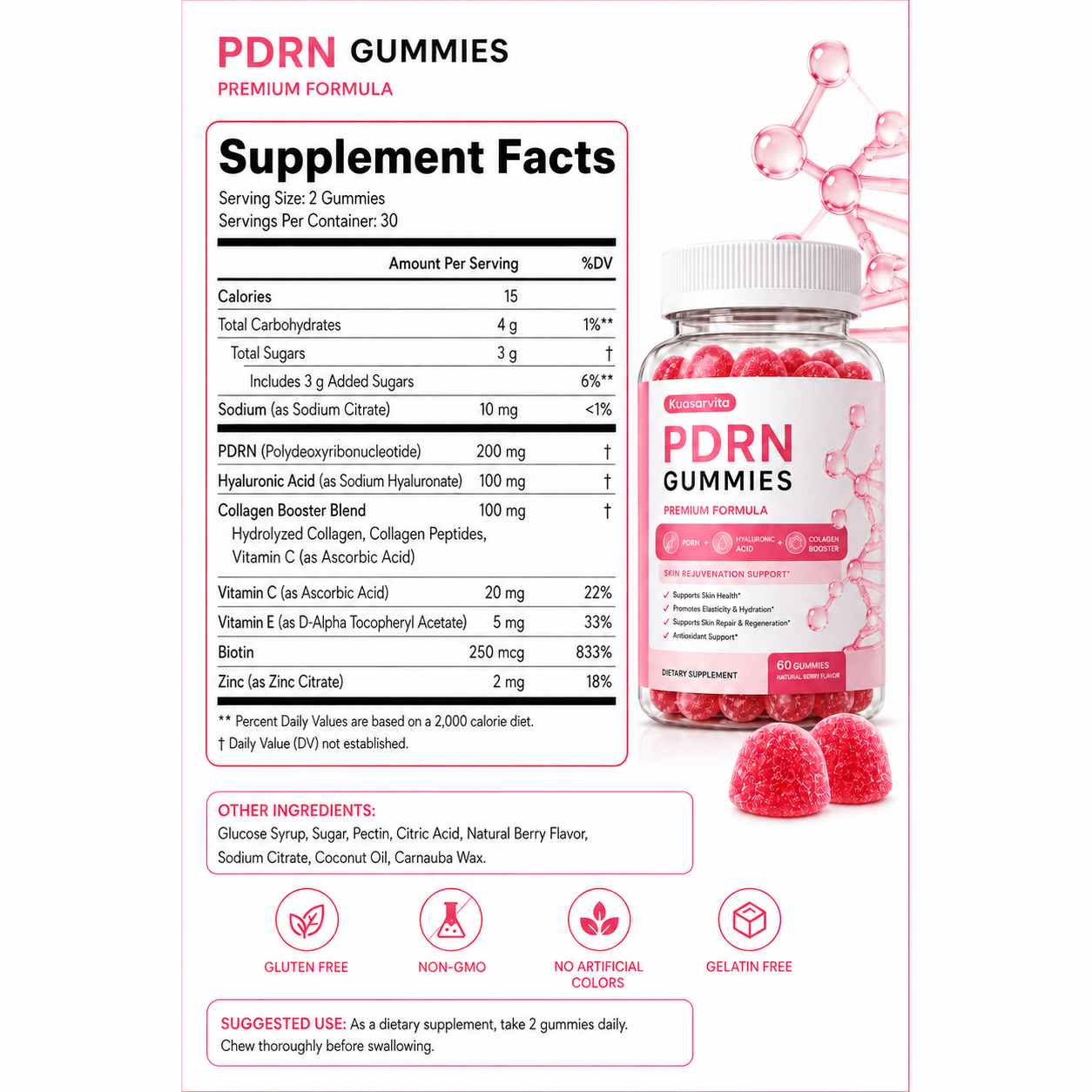 PDRN Gummies with Hyaluronic Acid – Berry Flavor, 60 Count