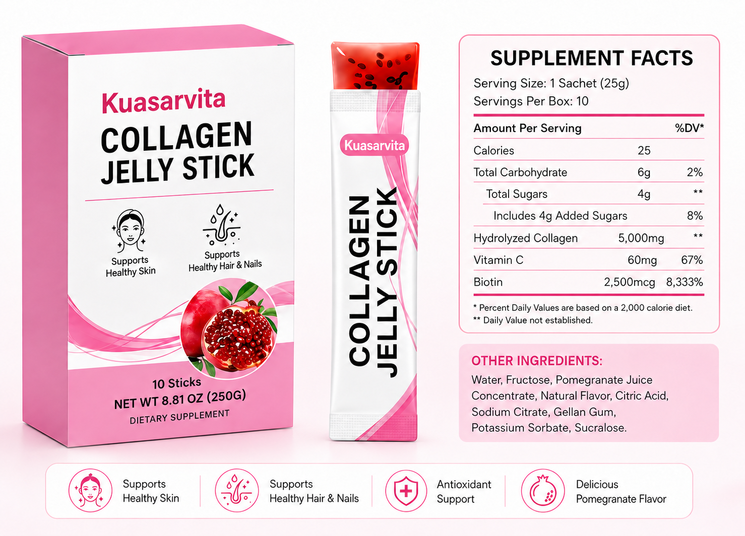 Collagen Jelly Sticks – Pomegranate Flavor, 10 Sticks, 250 g