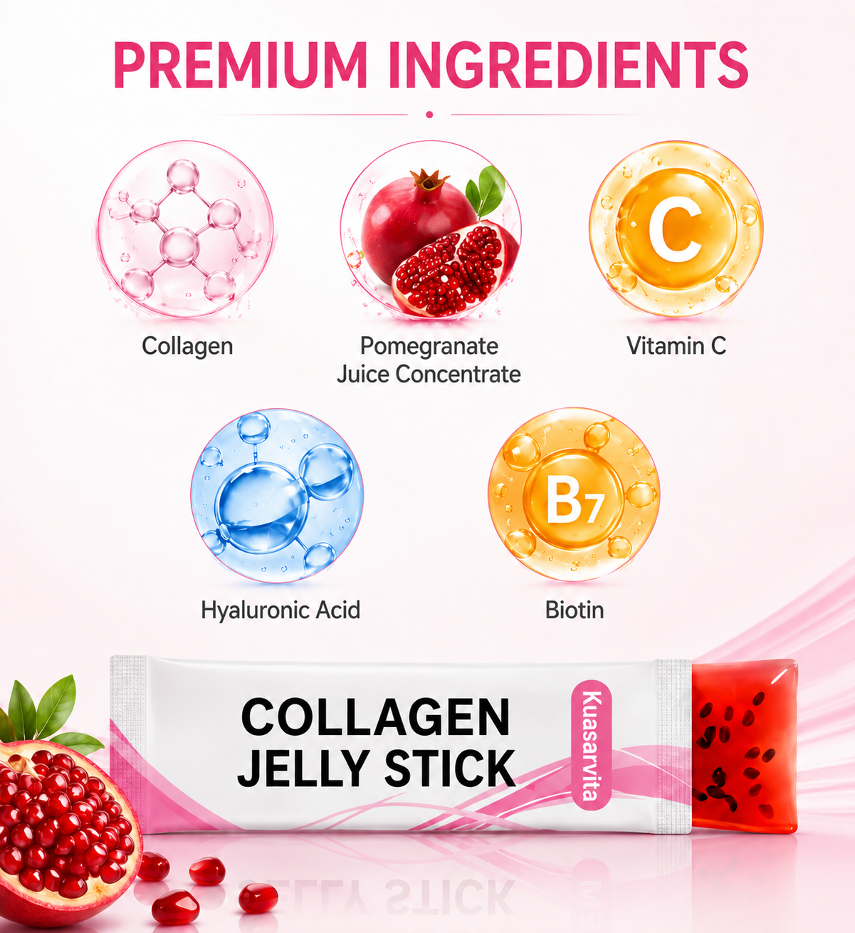 Collagen Jelly Sticks – Pomegranate Flavor, 10 Sticks, 250 g