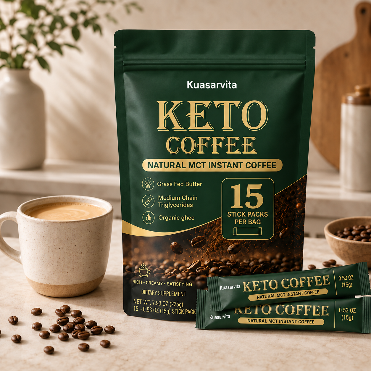 Keto MCT Instant Coffee – 15 Stick Packs, 225 g
