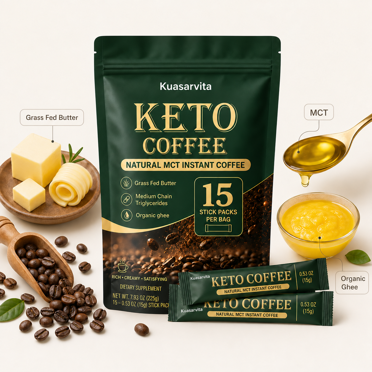 Keto MCT Instant Coffee – 15 Stick Packs, 225 g